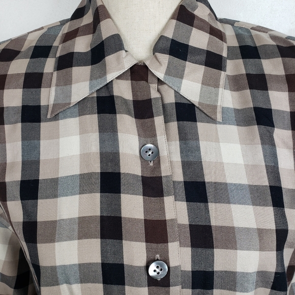 Vintage 90's Designer Dana Buchman Brown & Cream Plaid Silk Button Down Top 6 - Picture 12 of 16